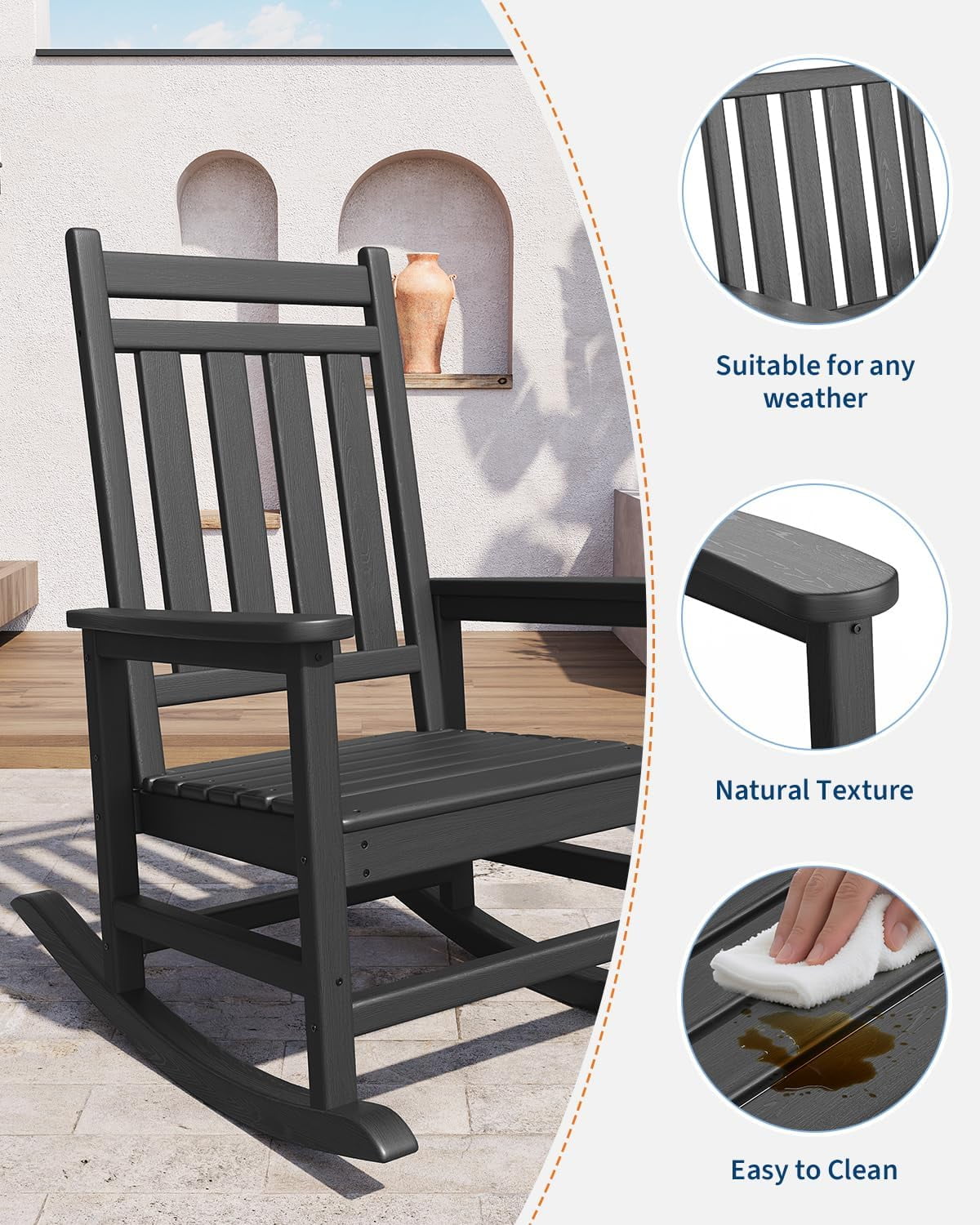 Rocking Adirondack Chair Outdoor, HDPE High Back Porch Rocker Chairs for Adults, All Weather Resistant Furniture for Patio, Black