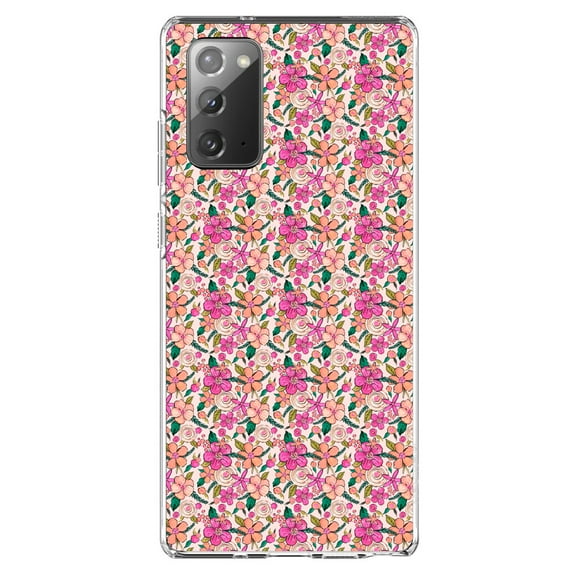 DistinctInk Clear Shockproof Hybrid Case for Samsung Galaxy Note 20 (6.7" Screen) - TPU Bumper, Acrylic Back, Tempered Glass Screen Protector - Preppy Pattern - Pink Flowers Floral