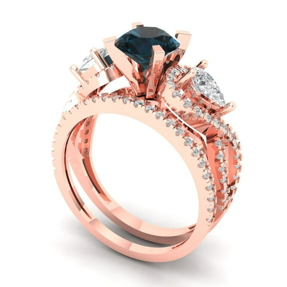 Clara Pucci 18K Rose Gold 1.925 Natural London Blue Topaz Engraveable Engagement Ring   Wedding Band Set