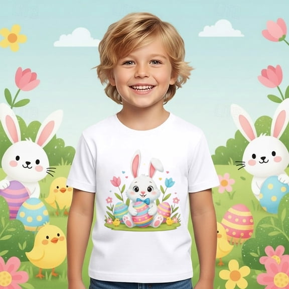 Rhuody Boys Tops Easter T Shirt Crewneck Tee Cartoon Bunny Graphic Short Sleeve Blouse Casual Daily Wear 10-11 Years White