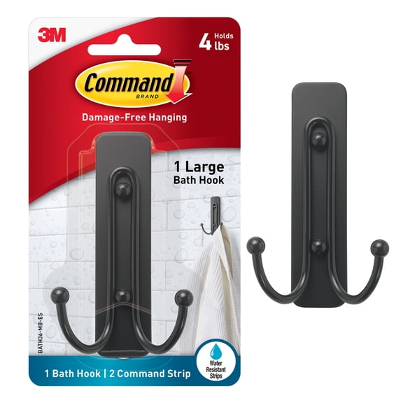 Command Large Double Bathroom Wall Hook, Black, Damage Free Hanging, 1 Metal Hook