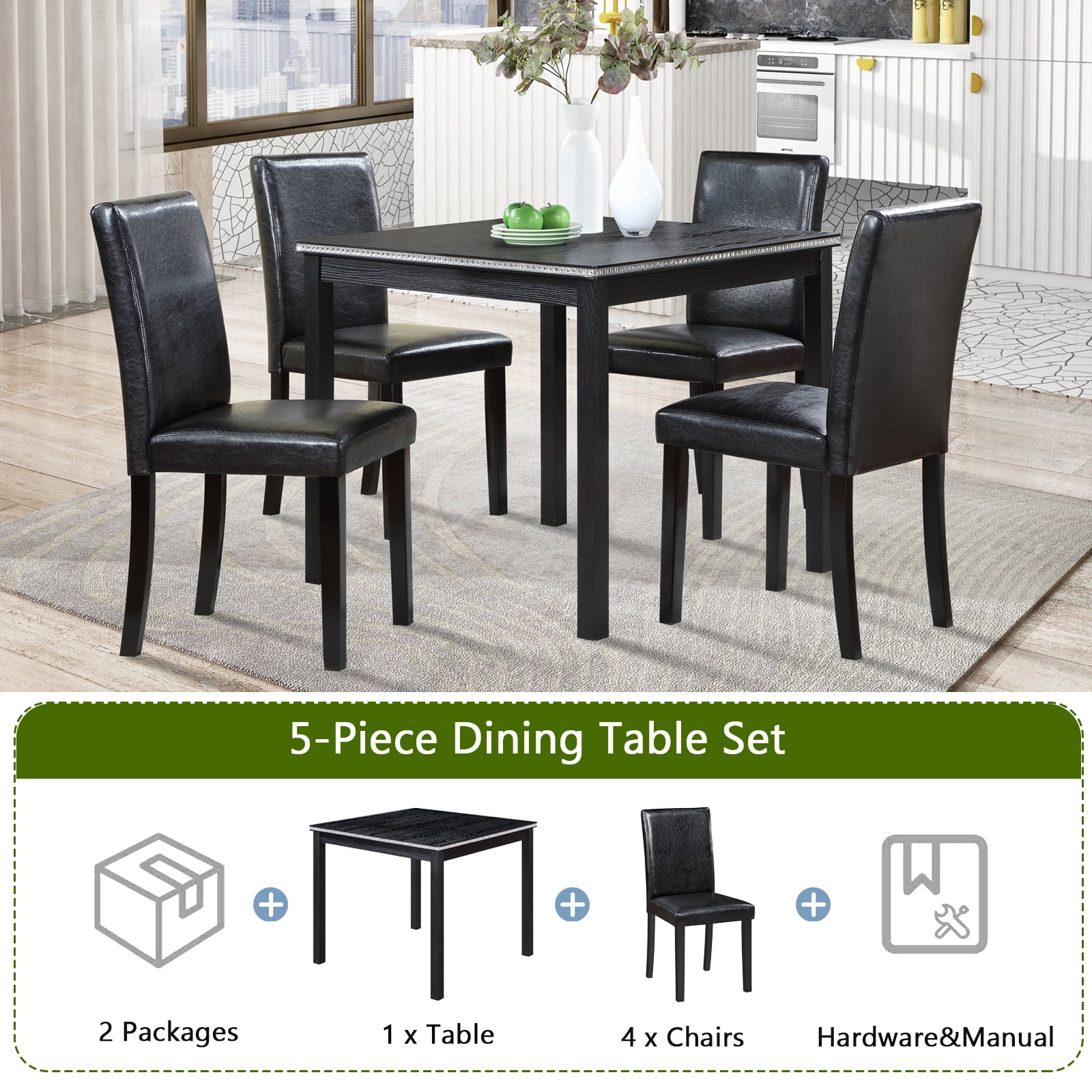 MAYEERTY 5 Piece Wooden Dining Table Set, Kitchen Table Set with a Square Table and 4 Upholstered Chairs, Wooden Dining Room Table with Crystal Decoration Chairs Set, Black