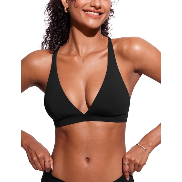 Top de Bikini CRZ YOGA Escote en V Profundo con Relleno Negro Talla Grande