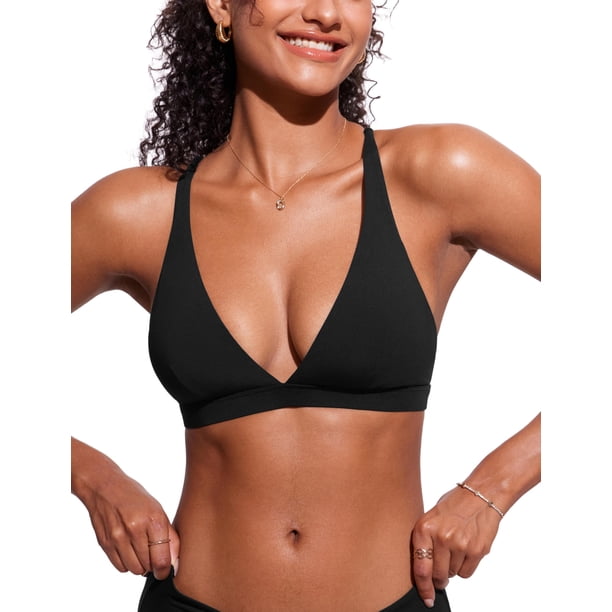 Top de Bikini CRZ YOGA Escote en V Profundo con Relleno Negro Talla Grande