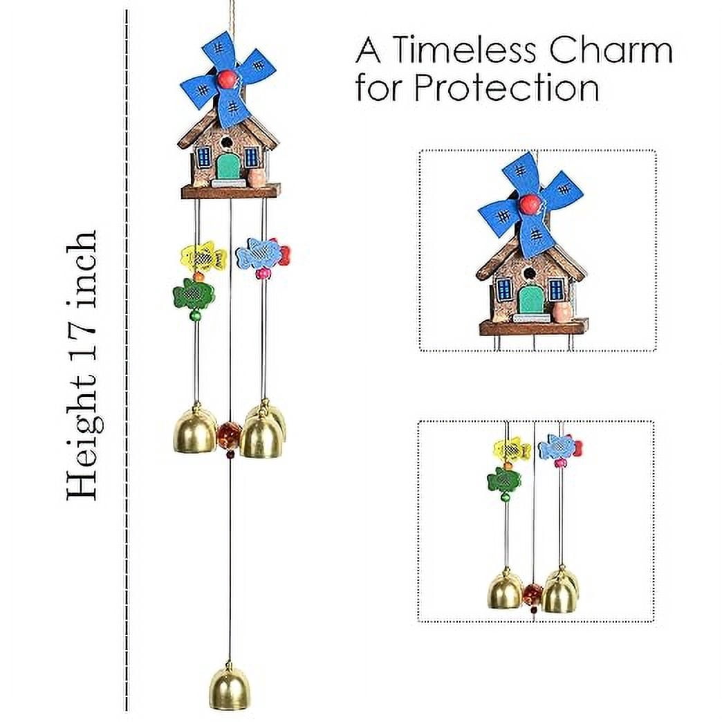 Wooden House Wind Chimes for Home Décor | 5 Brass Bells Wind Chimes for Positive Energy | Outdoor Window Balcony Garden Decoration Hanging Decorative Items