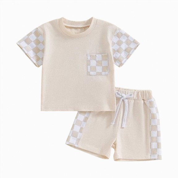 kpoplk Toddler Baby Girl Summer Outfit Bow Embroidery Short Sleeve Cotton T-Shirt Gingham Plaid Shorts 2Pcs Summer Clothes(Beige,12-18 M)