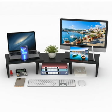 Wood Dual Desk Monitor Stand Riser with Pen Slots, Black Rustic Monitor Riser for Computer, Laptop, Small Printer