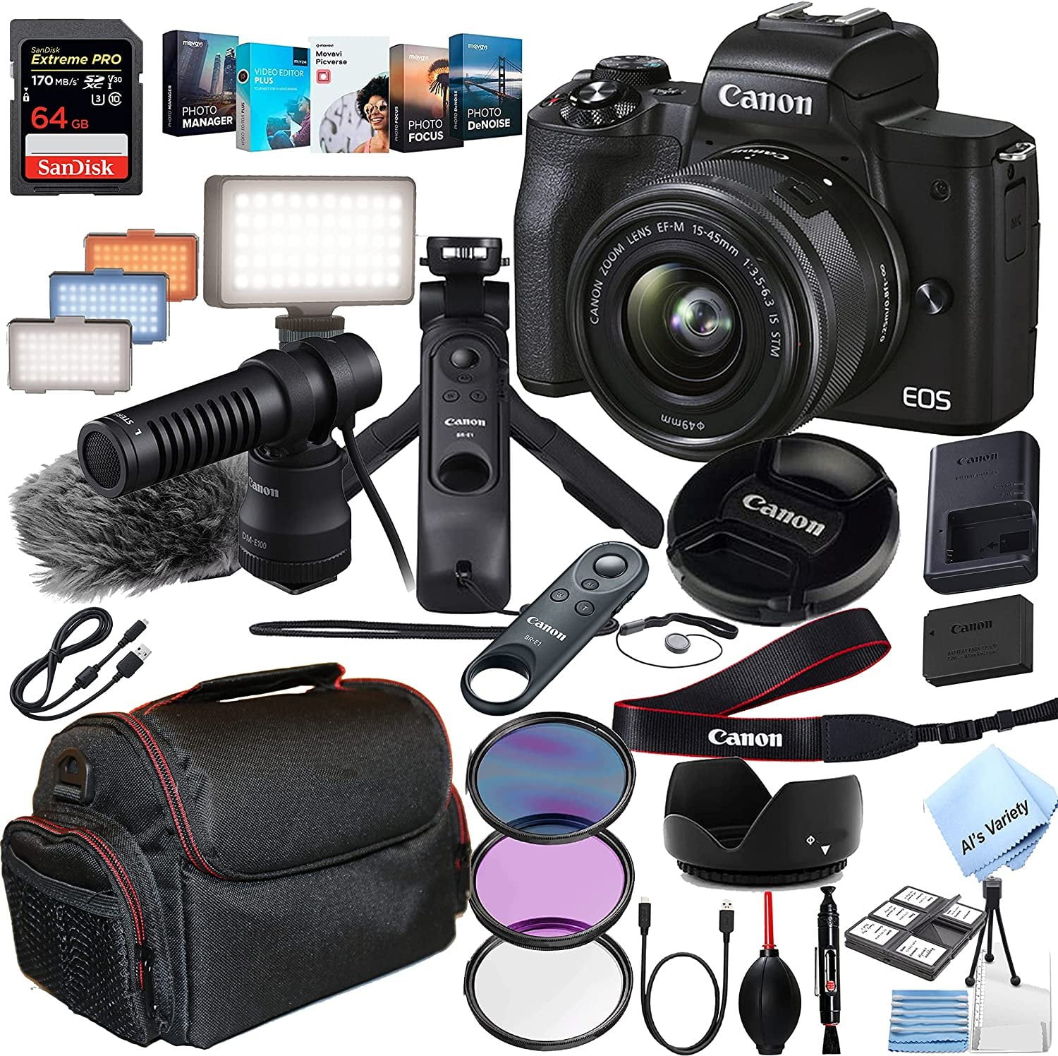 Canon EOS M50 Mark II Mirrorless Camera with 15-45mm Lens Content Creator  Kit 64GB Extreme Speed Memory, LED Video Light, Microphone, Tripod, Remote,  Vlogging Editing Software + More 36pc Bundle 