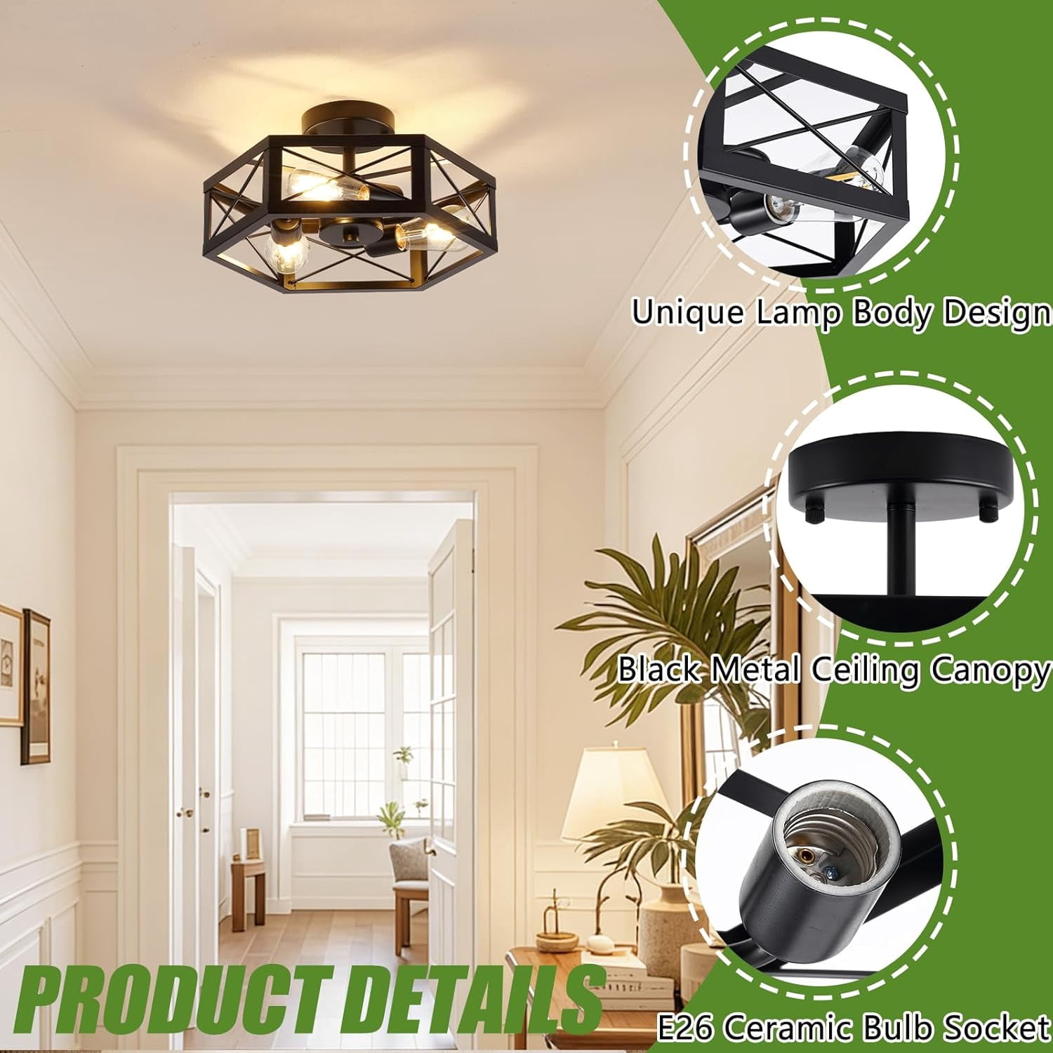 3-Light Kitchen Light Fixtures Ceiling Mount, Black Semi Flush Mount Ceiling Light for Dining Room Light Fixture, Farmhouse Close to Ceiling Lights with Metal Hexagon Cage for Bedroom Hallway