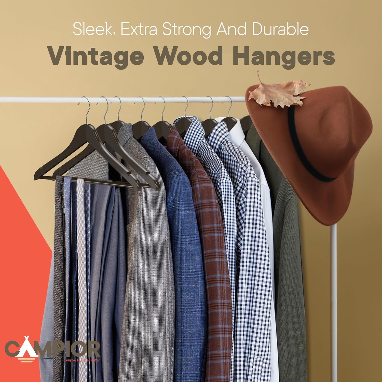 Vintage Wooden Hangers 10 Pack – Heavy-Duty with 360° Swivel Hook, Non-Slip, Pants Bar & Shoulder Grooves - Wooden Hangers for Suits, Jackets, Dresses & Camisoles, Space-Saving and Smooth Finish