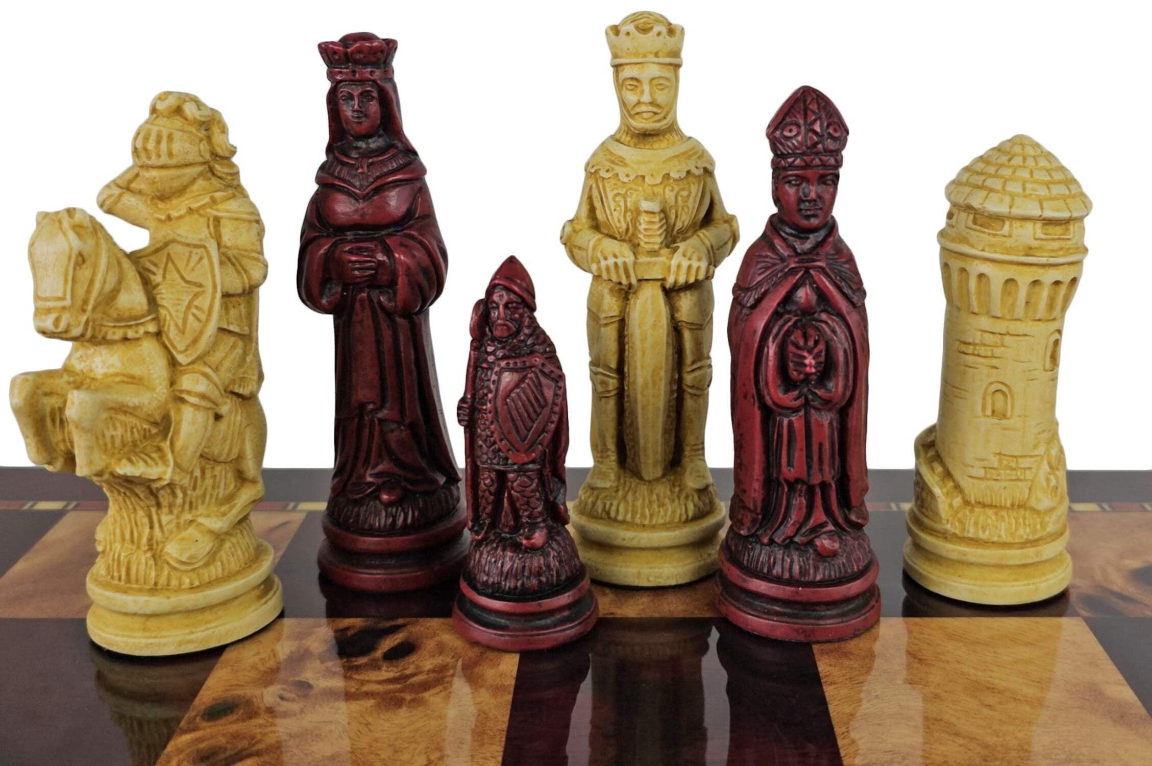 LARGE Medieval Times King Arthur Camelot Chess Set 20"Cherry Color Storage Board
