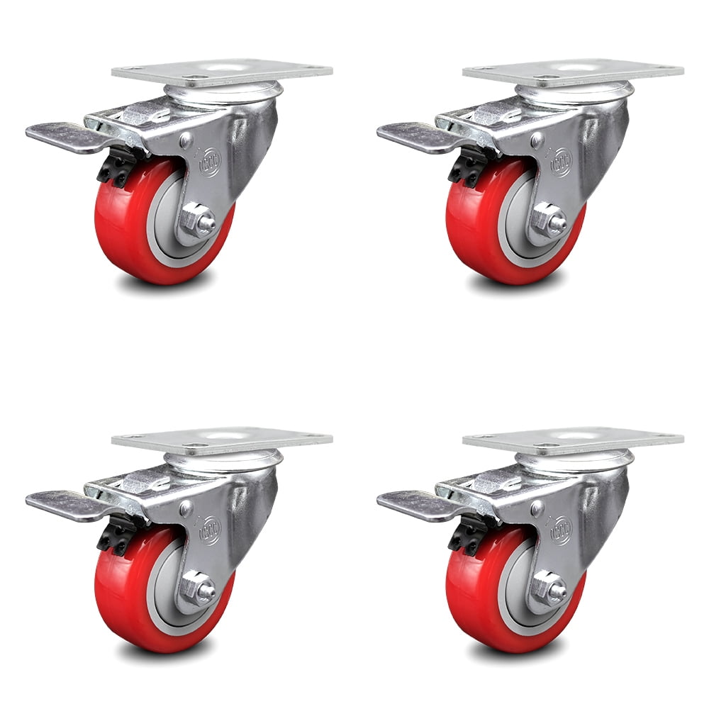 US 3" 4" 5" Caster Wheels Swivel Plate Total Lock Brake On Red Polyurethane 