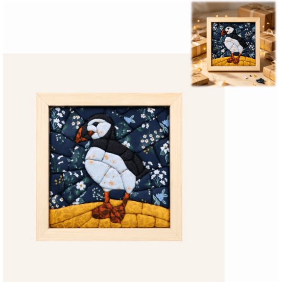 DIY Fabric Art Kit | No-Sew Fabric Mosaic Wall Art Craft with Frame & Tools Complete Supplies Handmade Fabric Mosaic Making Kit for Bedroom Living Room Decor (Winter Penguin)