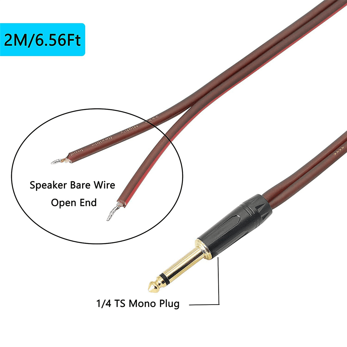 4pcs 1/4 to Speaker Bare Wire,Audio Cable to 6.35mm Male Mono Adapter Open End Gold-Plated OFC HiFi Speaker