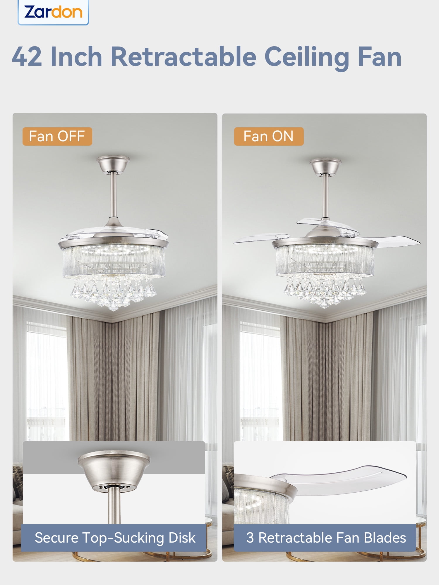 Zardon 42in Ceiling Fans with Light and Remote Control, Crystal Fandeliers with Reversible 6 Speeds, for Indoor, Nickel