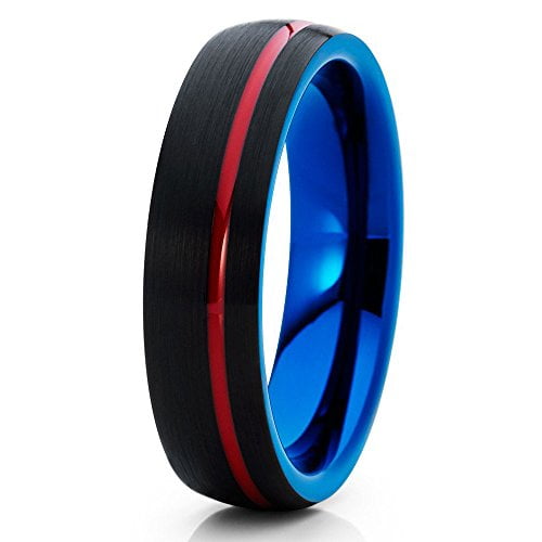 Silly Kings 6mm Red Tungsten Carbide Wedding Ring Black Brushed Offset Groove Unique Design Mens Band (5.5)
