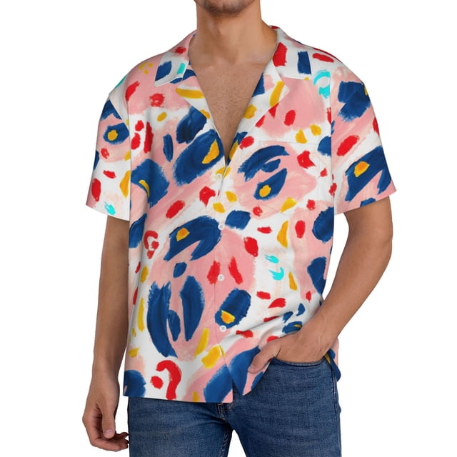 Balery Abstract Leopard Print Camisa Casual de Manga Corta con Botones para Hombre, Texturizada, Estilo Cubano, para Playa, Verano-4X-Large