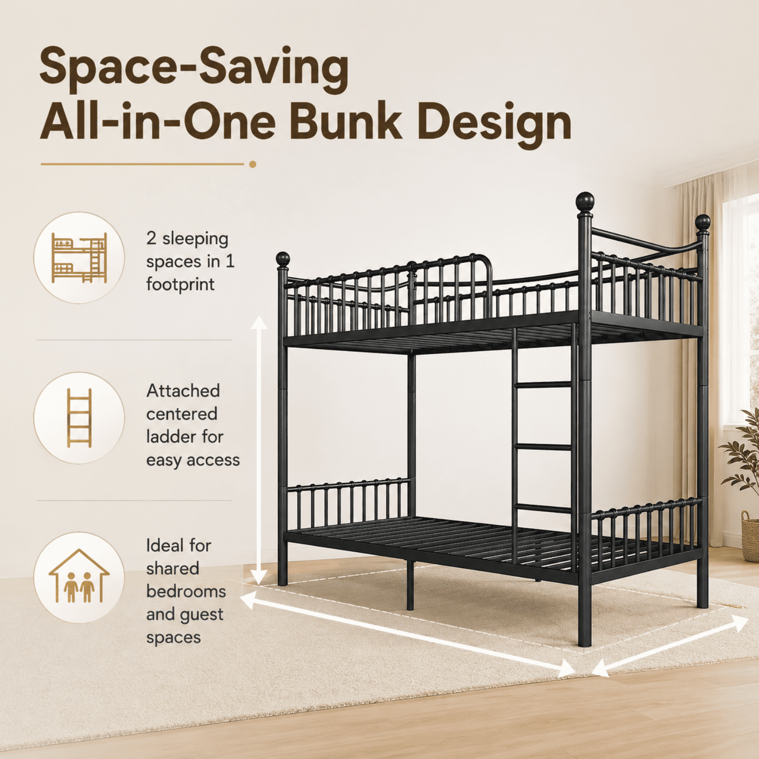 Miniyam Twin XL over Twin XL Metal Bunk Bed Frame with Curved Guardrails and Ladder, Space Saving Design, Black