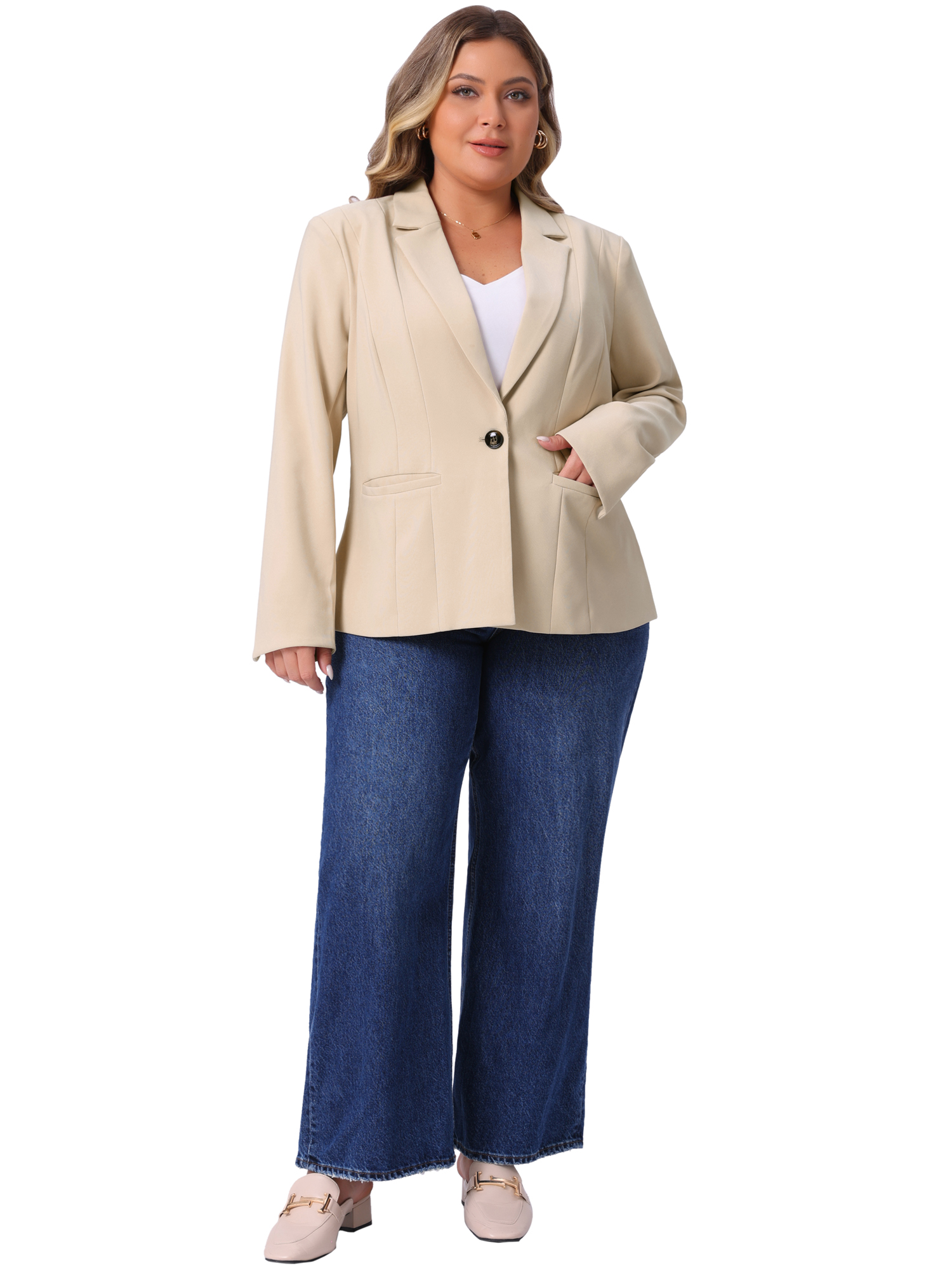 DARING DIVA Women's Plus Notched Lapel Long Sleeve Notched Lapel Business Blazer 2X Beige
