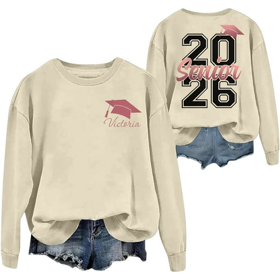 Womens Class of 2026 Sweatshirts Trendy Graduation Long Sleeve Crewneck Shirts Drop Shoulder Loose Fit Casual Pullover Tops