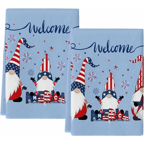 Patriotic Gnome Independence Day Kitchen Towels Set of 2, Funny Dish Towels for Kitchen Decorative, Absorbent Hand Towels for Barthroom Home Decor, Blue USA Flag Tea Towels Housewarming Gifts