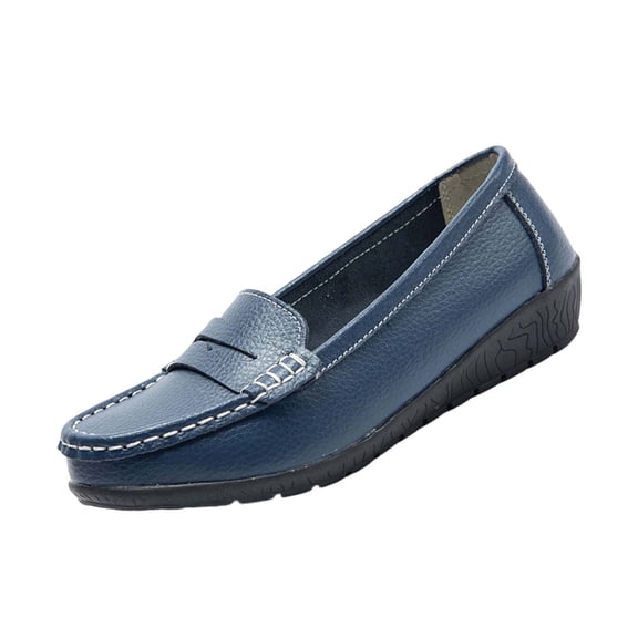 Womens Dark Blue Slip On Loafers Casual Penny Loafers Comfortable PU Faux Leather Non-Slip Wedge Work Shoes,Size 9