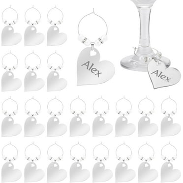 24pcs Acrylic Wine Glass Charms Heart Silver Wine Glass Name Tags Smooth Drink Markers for Valentine's Day Stem Glasses Identification Wedding Party Favor
