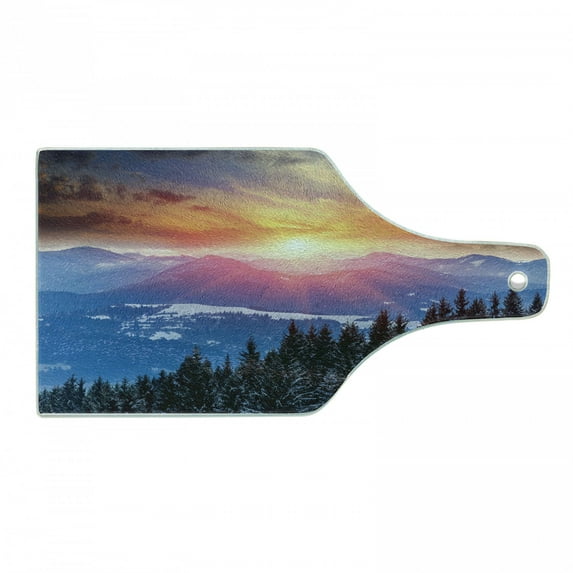 Winter Cutting Board, Sunset in Mountains with Sky with Dawn Horizon Theme, Decorative Tempered Glass Cutting and Serving Board, Wine Bottle Shape, Orange Blue, by Ambesonne