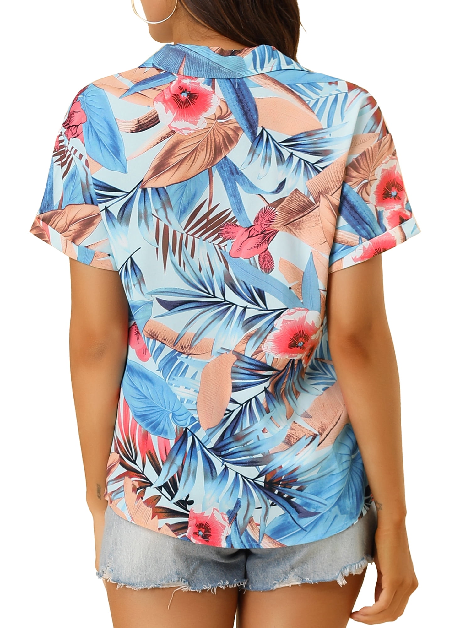 DARING DIVA Floral Leaves Print Short Sleeve Beach Top S Light Blue