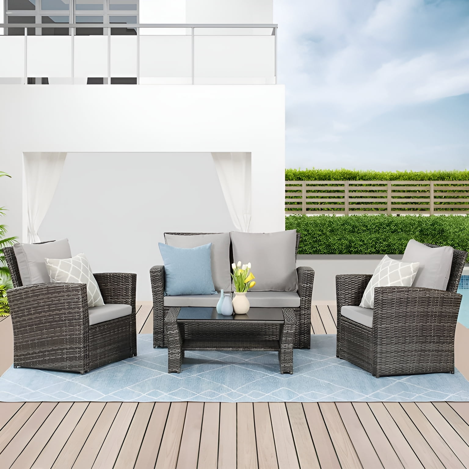 All-Weather Outdoor Patio Furniture Set - 4-Piece Wicker Rattan Sectional Conversation Set with Table and Cushions, Gray