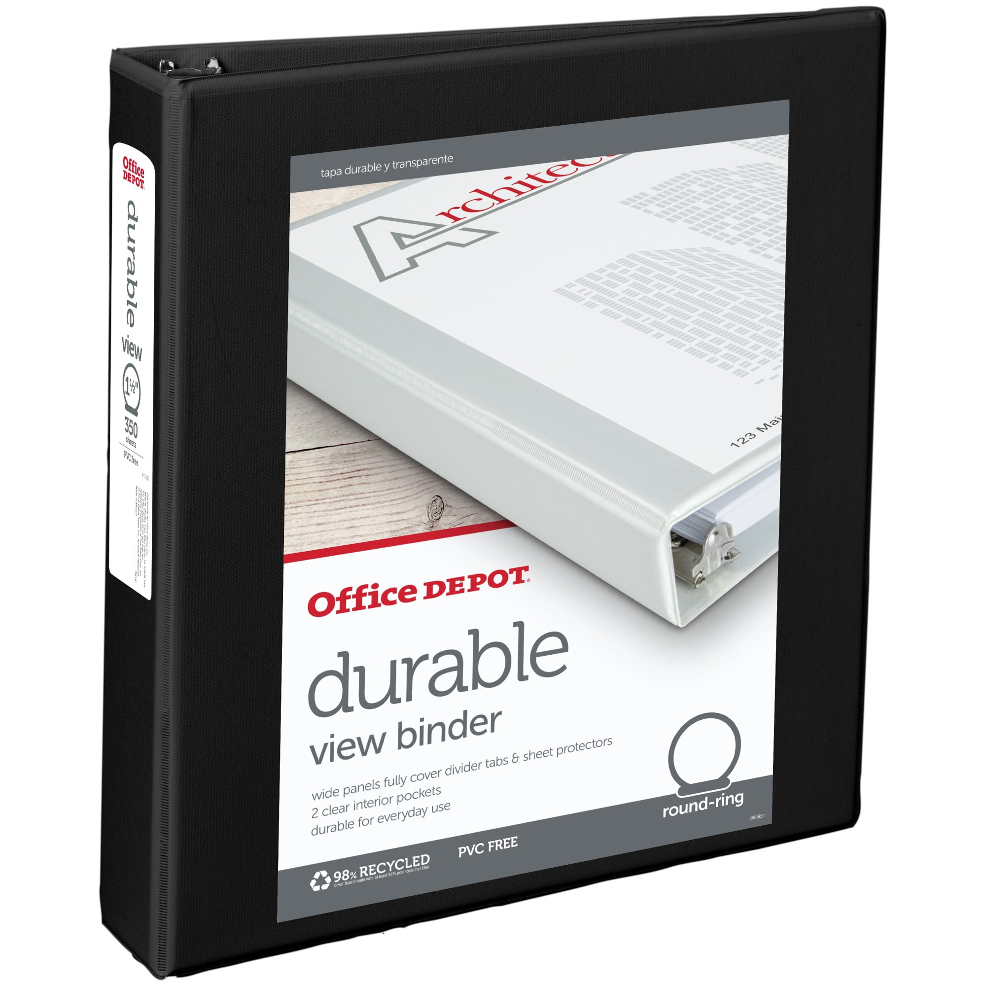 OfficeMax Durable View Binders with Round Ring 1-1/2', Black