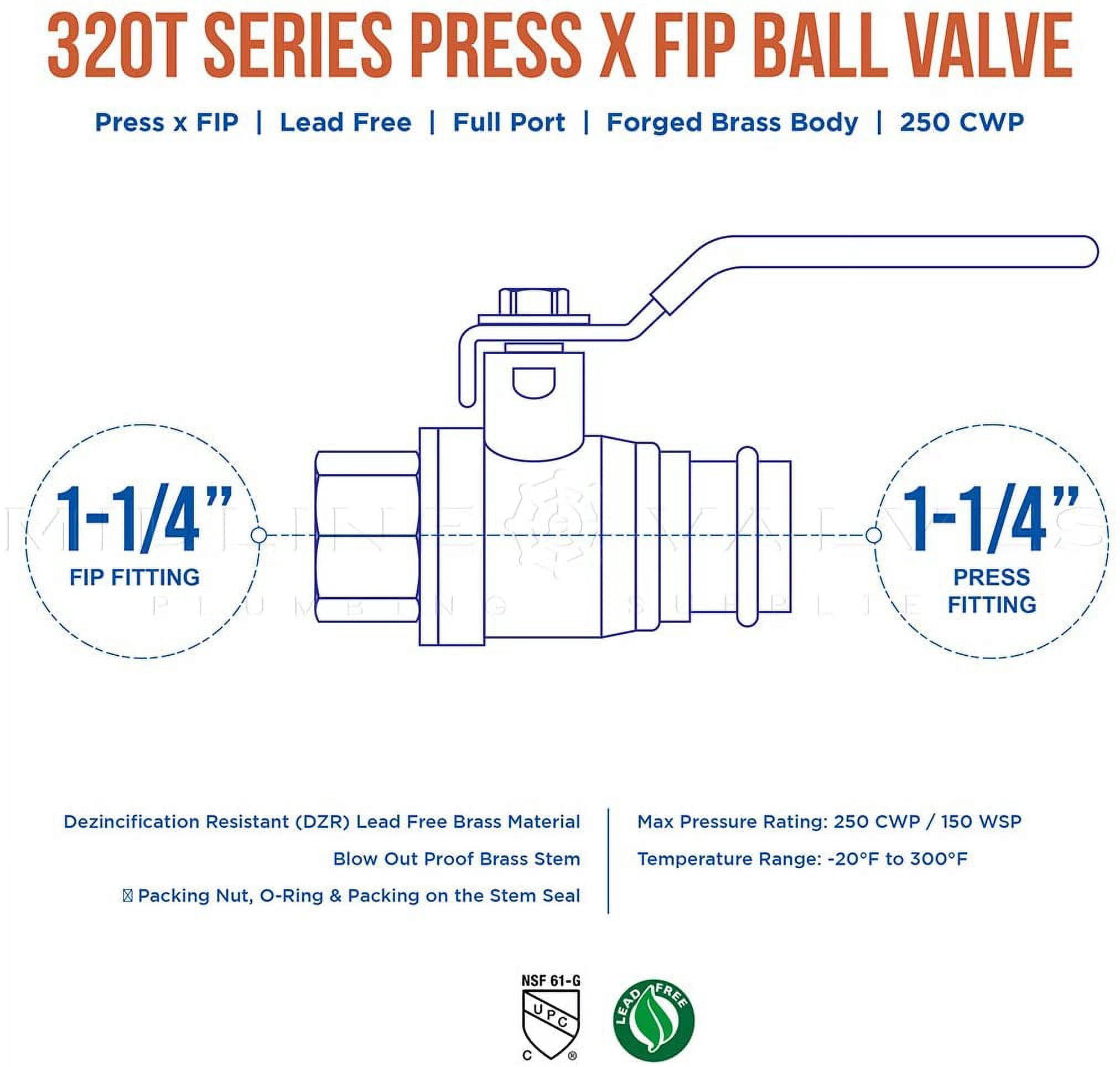 Midline Valve 542114VLVF-5 Premium Adapter Ball Valve, with 1-1/4 in. Press x FIP Connections, Brass (Pack of 5)