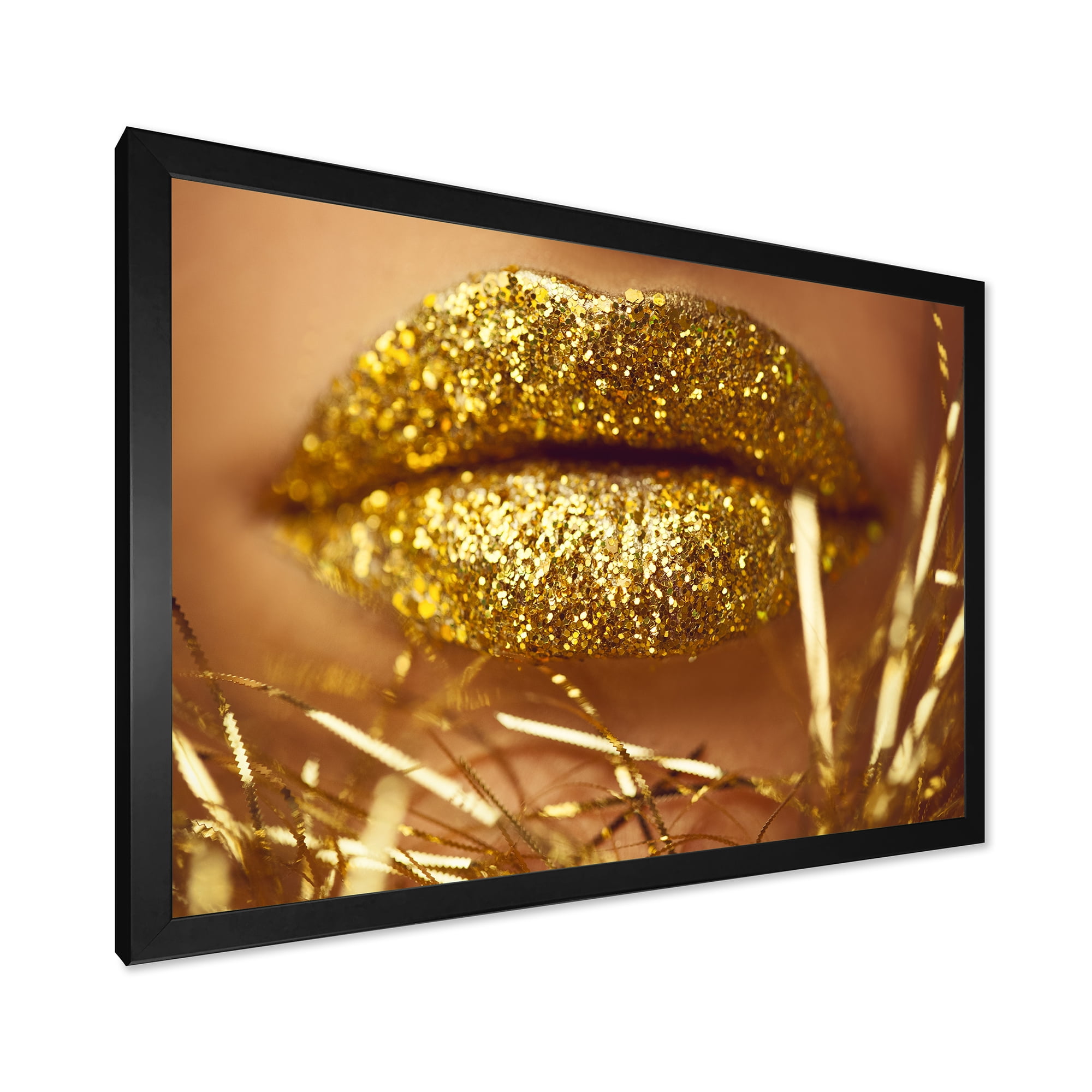 Designart 'Golden Female Lips' Modern Framed Art Print