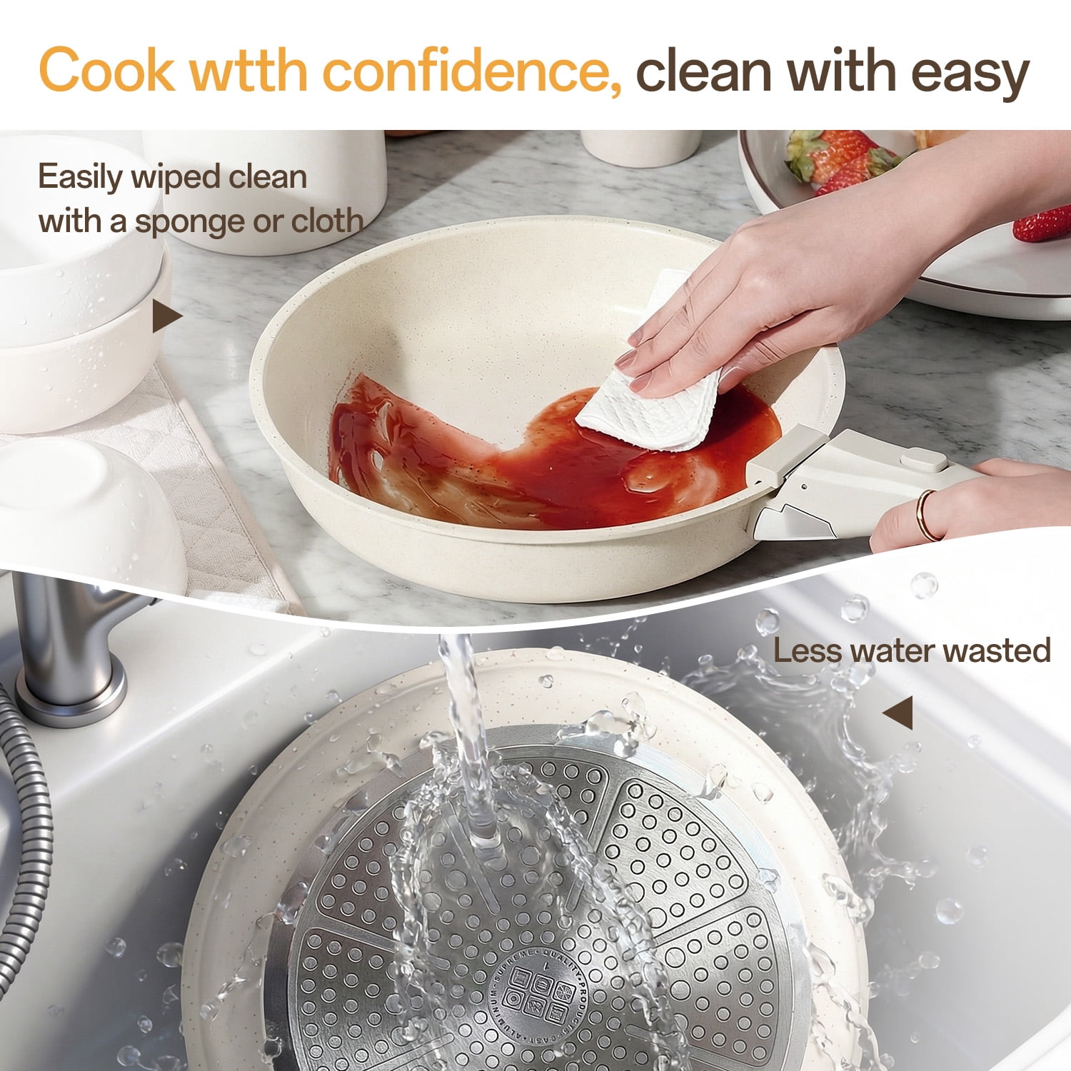 NULAS 21 Piece Pots and Pans Set Non Stick, Stackable RV Kitchen Cooking Set , Cookware Set with Detachable Handle, Dishwasher Safe,  Oven Safe, Cream White