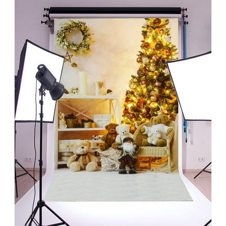 Image of 5x7ft Christmas Photography Backdrop Tree Interior Decorations Fairy Lights Santa Claus Bear Dolls Gift Box Garland Scene Photo Background Children Baby Adults Portraits Backdrop