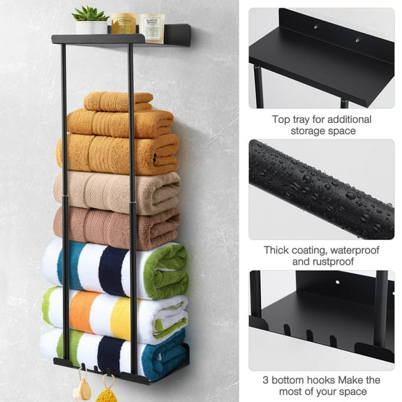 Livhil Wall Towel Rack for Rolled Towels, New Upgrade Towel Racks for Bathroom Wall Mounted, Bathroom Bar Towel Storage, Metal Bath Towel Holder for Folded Large Towel Washcloths, Black