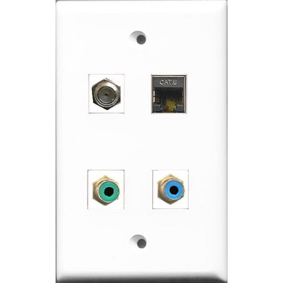 RiteAV 1 Port RCA Green and 1 Port RCA Blue and 1 Port Coax Cable TV- F-Type and 1 Port Shielded Cat6 Ethernet Wall Plate