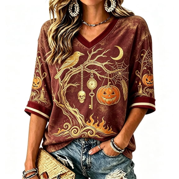 ZCNKMX Halloween Shirt for Women 3/4 Sleeve T-Shirt Spooky V-Neck Skeleton Pumpkin "Dark Forest Pumpkin" Graphic Tee Fall Top for Party Costume Deep Red XL