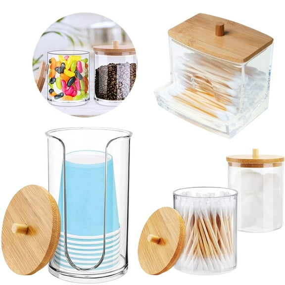 NUAHRHY 4PCS Acrylic Qtip Dispenser, Bathroom Apothecary Jars with Bamboo Lids, Qtip Holder for Cotton Swabs, Cotton Balls, Cosmetic Pads