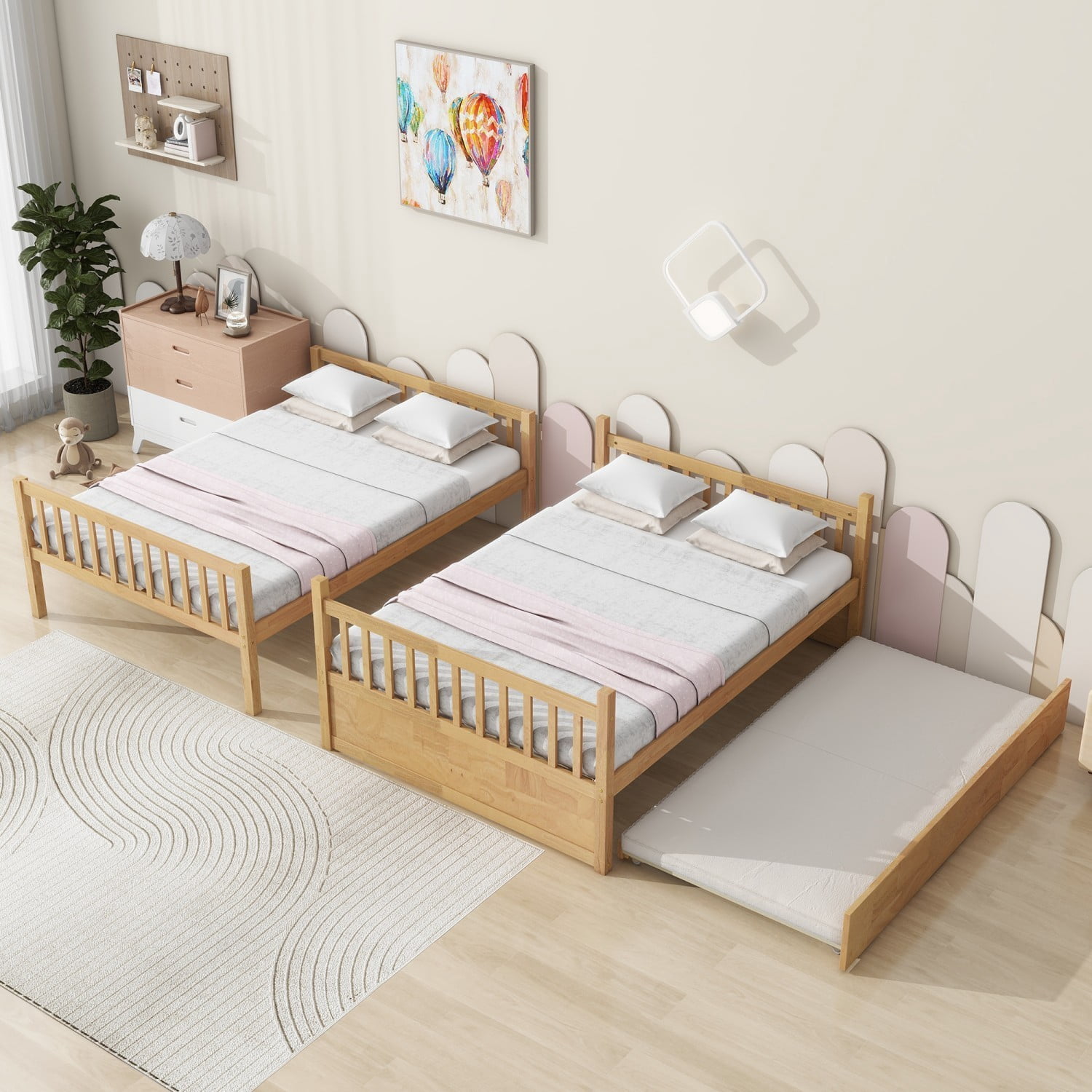 Full Over Full Bunk Bed with Twin Trundle, Convertible Wooden Bunk Bed with Guardrails & Ladder, Detachable into 2 Full Size Beds, Natural