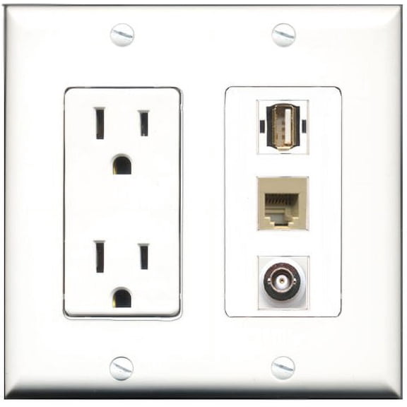 RiteAV - 15 Amp Power Outlet 1 Port USB A-A 1 Port Phone Beige 1 Port BNC Decorative Wall Plate