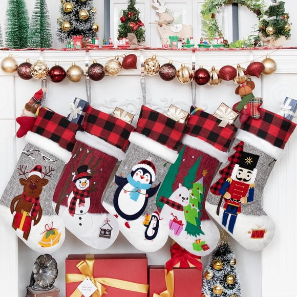 BHD BEAUTY Burlap Gray Red Non-Woven Fleece Fabric Lovely Embroidery Pattern Set of 5 Christmas Stocking for Family Decorations Hanging Ornament for Xmas Holiday Party 20 inches