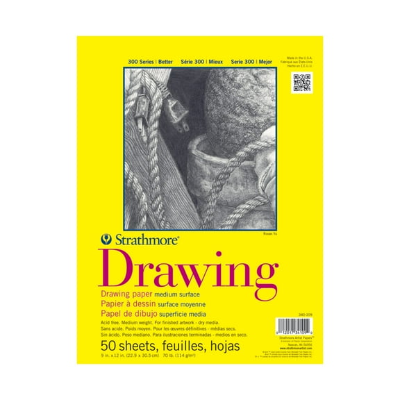 Strathmore Drawing Paper Pad, 300 Series, 50 Sheets, 9 in x 12 in, Tape Bound