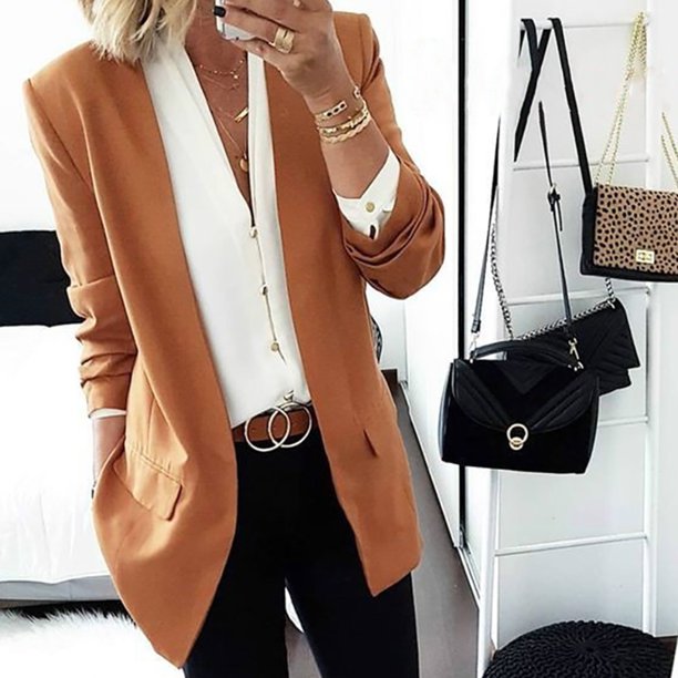 Chaqueta Blazer de moda para mujer Abrigo de traje de otoño de manga larga delgado (Marrón S) FLhrweasw Para estrenar