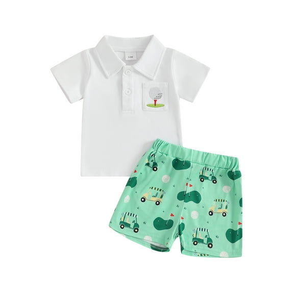 Toddler Baby Boys Golf Outfits Short Sleeve Lapel Collar Half Button-up T-Shirt Tops Elastic Shorts Set Infant Summer Clothes