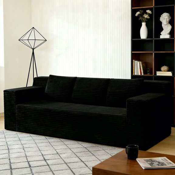 Howcool Boneless Couch, 71" Corduroy Compression Sofa, 3-Seater Deep Seat Couch with 3 Lumbar Pillows, No Assembly Required, Black