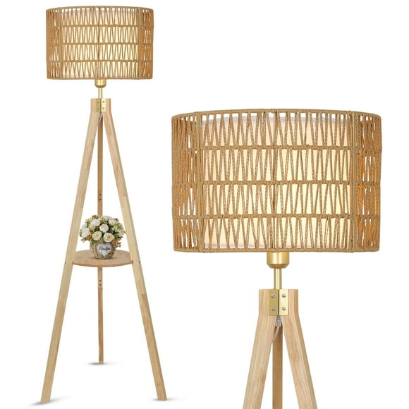 Lámpara de pie con trípode LAMSU, madera de roble, con estantes, pantalla de ratán