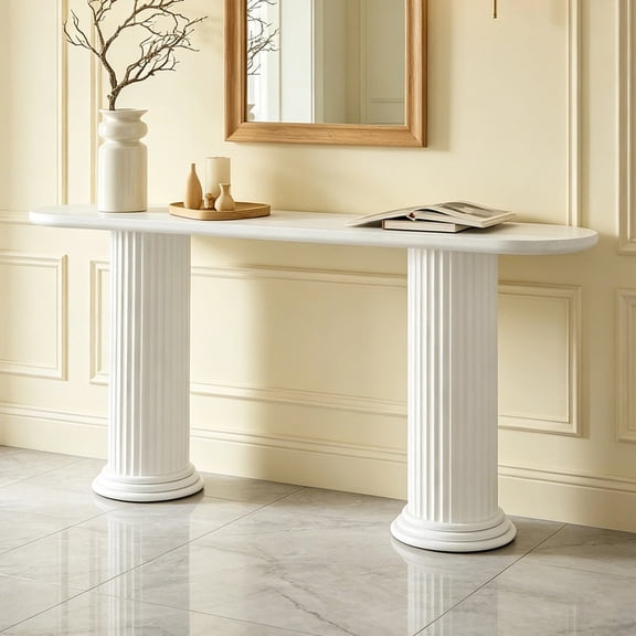 Shaiaield 63'' White Entryway Table with Roman-style Legs,Modern Oval Console Table with Wood Venner,Wood Narrow Entryway Tables for Living Room
