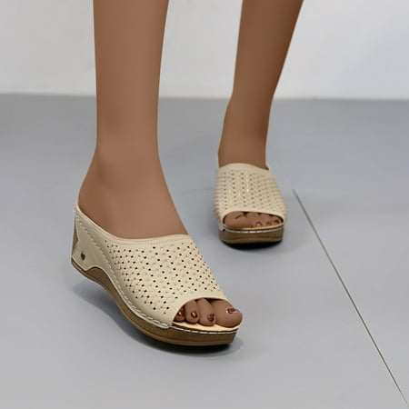 

Zunfeo Sandals for Women- New Thick Soled Round Toe Slope Heel Sandals for Hollow Casual Sandals Beige 6.5