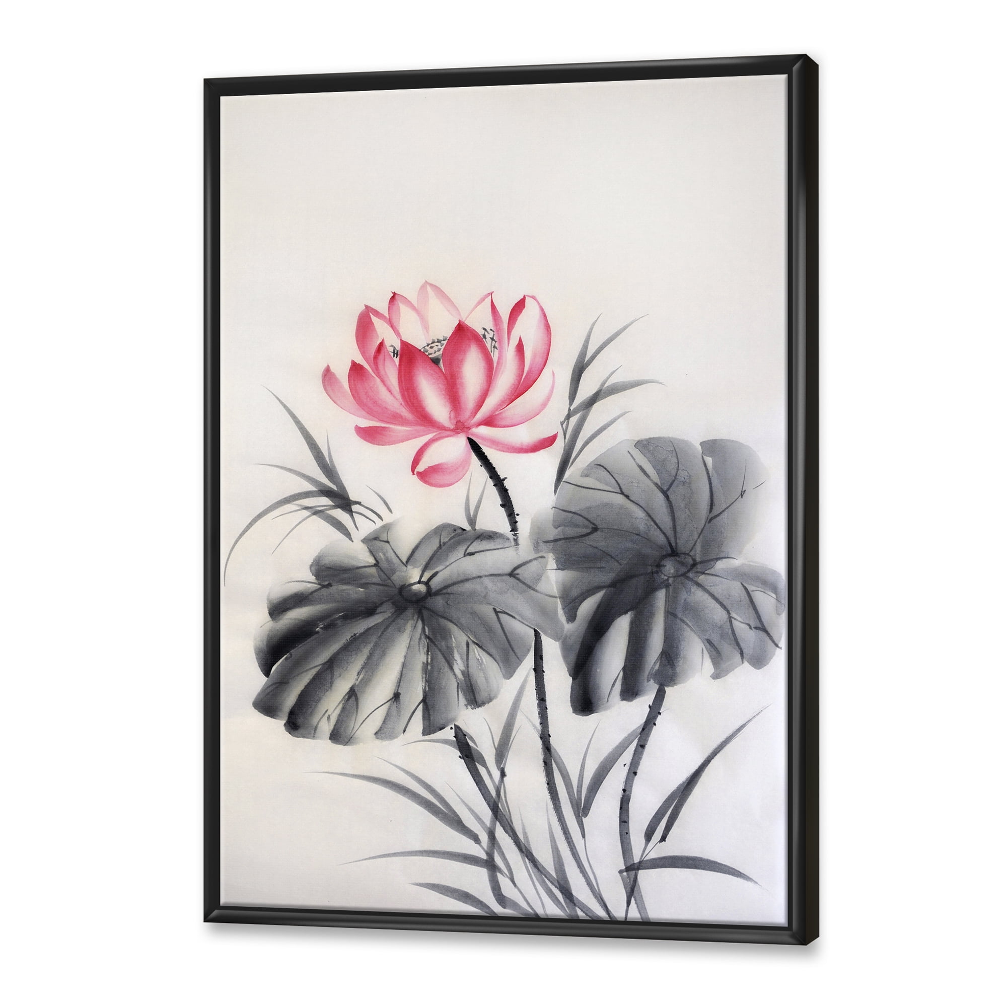 Two Monochrome Leaves With Lotus Flower 24 in x 32 in Framed Painting Canvas Art Print, by Designart